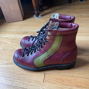 Burgundy and green fluevog boots